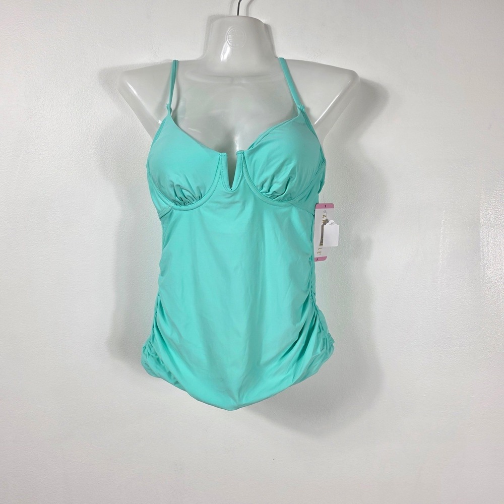 Anne Cole Tankini Swim Top Women S Aqua Ruched Underwire V-Notch ACSK200 UPF 50‎